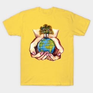 Hand watercolor Holding Earth T-Shirt